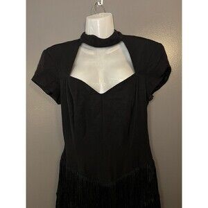 Geary Roark Kamisato Dress Womens 12 Black Fringe Flapper Open Back Cocktail
